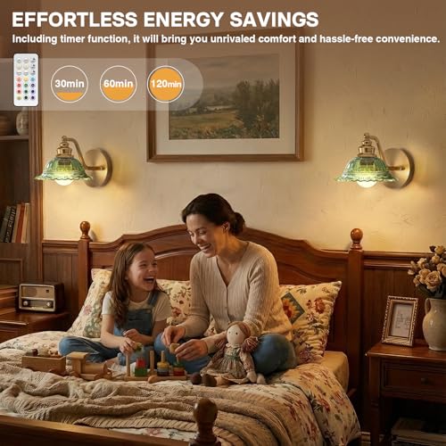 Image of Redluck Glass Battery Operated Wireless Wall sconces Set of Two with Remote | Vintage Green Glass, Rechargeable, Easy Installation, 12 Colors Wireless Wall Lamp for Bedroom Living Room Hallway Decor