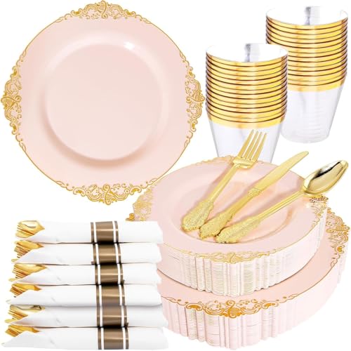 Nervure 175PCS Pink Plastic Plates - Disposable Pink Gold Party Plates & Pre Rolled Napkins with Cutlery for 25 Guests 50Plates 75Silverware 25Cups 25Napkin for Wedding & Party