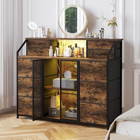 LUMTOK 10 Drawers Dresser, Drawer Dressers with Shelves, Door, Power Strip and LED Lights for Bedroom Living Room, Entryway, Closets (Rustic Brown) Cover