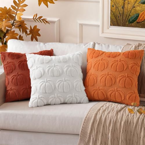 Image of decorUhome Fall Decorative Orange Pumpkin Throw Pillow Covers 20x20 Set of 2, Soft Faux Fur Plush Farmhouse Accent Pillow Cases for Couch Bed Sofa Autumn Harvest Halloween Holiday Home Decor
