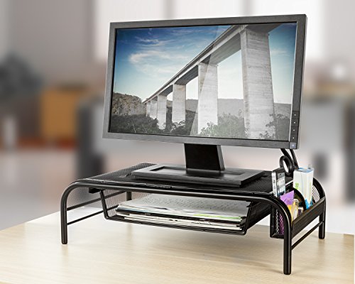 Halter Supporto in rete di metallo per monitor, con cassetto estraibile e scomparti laterali (2 pezzi - nero)