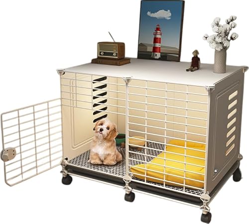 AZIEBAY 小型犬?中型犬対応 大容量ペットケージ 屋根付き・車輪付き・組立簡単 室内屋外兼用 洗えるトレイ付き 犬小屋 安心してお買い求めください (ホワイト, 二段式・キャスター付き 70*35*57cm ドアロック一体型(食事セット))