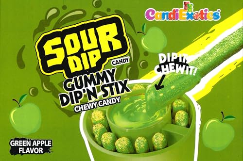 Image of CandiExotics Sour Dip Gummy Dip'N Stix - Green Apple Flavour | Chewy Candy with Liquid Dipping Sugar | 100% Vegan - 96