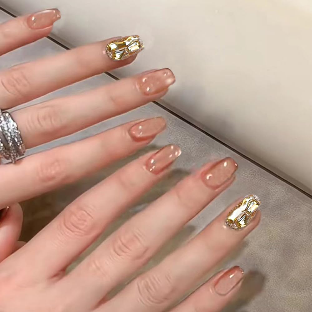 Secret Lives Nude Color and Golden 3D Stone Cat Eye Press-On Nails – 24PC Reusable Nail Set for Women & Girls | Long-Lasting, Easy to Apply, Artificial Nail Extensions (Nude)