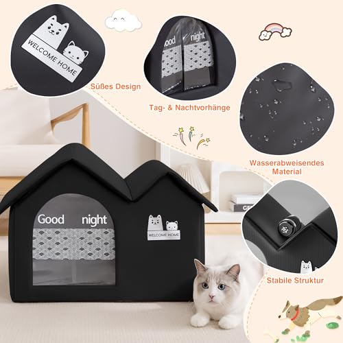 ALLSOPETS Faltbares Katzenhaus für Draußen, Wasserdichtes Hundehaus, Warmes Isoliertes Haustierhaus mit Doppel-Dach Design für Kleine und Mittlere Haustiere (Kohlschwarz)