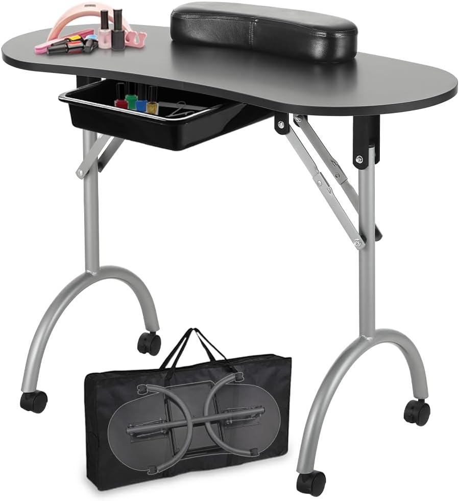 Black Foldable Manicure Table with Drawer and Wheels