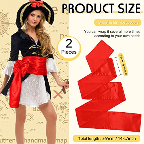 Tarpop 2 Pcs Halloween Red Pirate Sash Belt Longer Satin Red Waistband Captain Prince Girdle Wide Silk Sash Belt for Women Men Cosplay Costume Accessories 143.7 x 9.84 Inches2