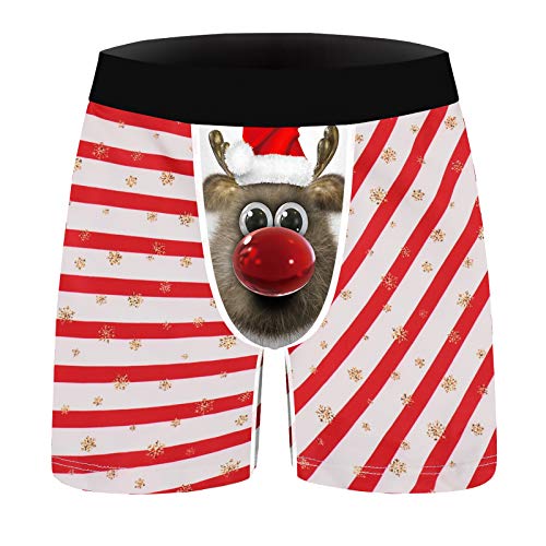 Odizli Personalisiert Boxershort Herren Weihnachten Unterwäsche Streifen/Elch/Schneemann/Schneeflocke Drucken Neuheit Hässlich Unterhose Badehose,Lustige Geschenke für Männer Freund Rot Elch XXL