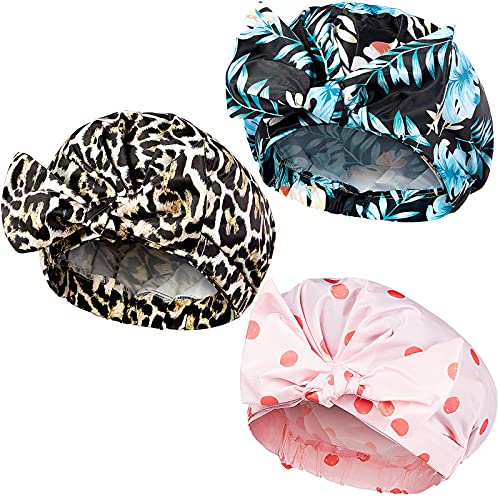 3 Pieces Shower Caps for Women, Waterproof Reusable Shower Hair Caps Elastic Hem Turban Shower Bath Caps for Long, Short and Curly Hair for Women Girls (Leaf, Dot and Leopard Pattern)