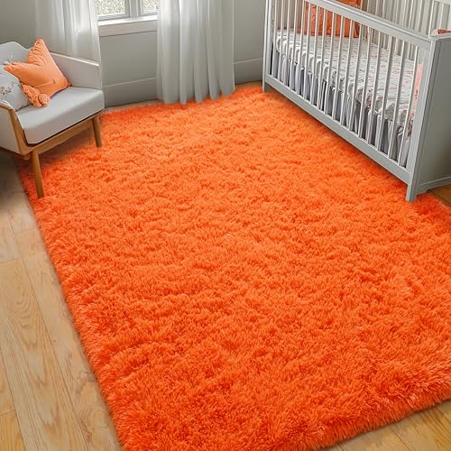 Image of 5x7 Area Rugs for Living Room, Orange Fluffy Shag Rug for Bedroom