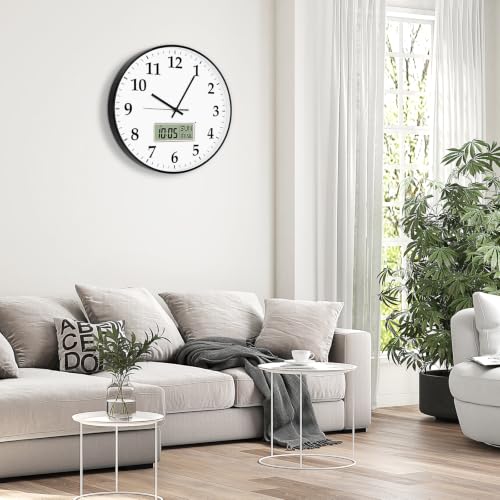 Image of Foxtop 14 inch Digital and Analog Wall Clock Silent Battery Operated Hour Chime