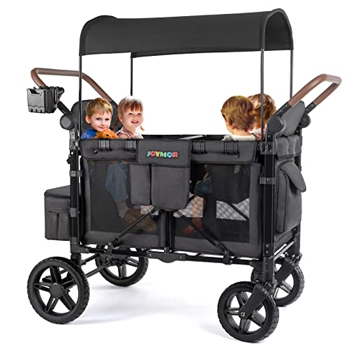 Image of JOYMOR Quad Deluxe Stroller Wagon for 4 Kids, Bus Seating High Seat & Face to Face, Rubber Wheel, Double Side Handles, UV-Protection Canopy, Phone Holder,WS1B4S