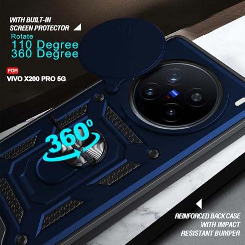 Image of AESTMO TPU+PC Tough Armor Vivo X200 Pro 5G Bumper Back Case Cover | Ring Holder & Sliding Camera Shield Cover | 360 Degree Protection Back Case Cover for Vivo X200 Pro 5G (Blue)