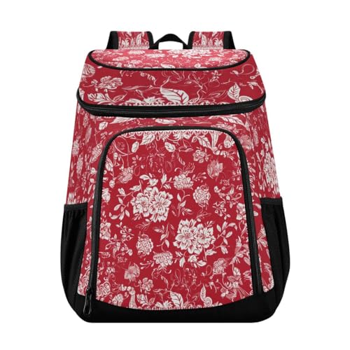 Floral Blossom Red Cooler Backpack Leakproof Insulated Lunch Cooler Bag 30 Cans Camping Backpacks for Picnic Beach Road Trip