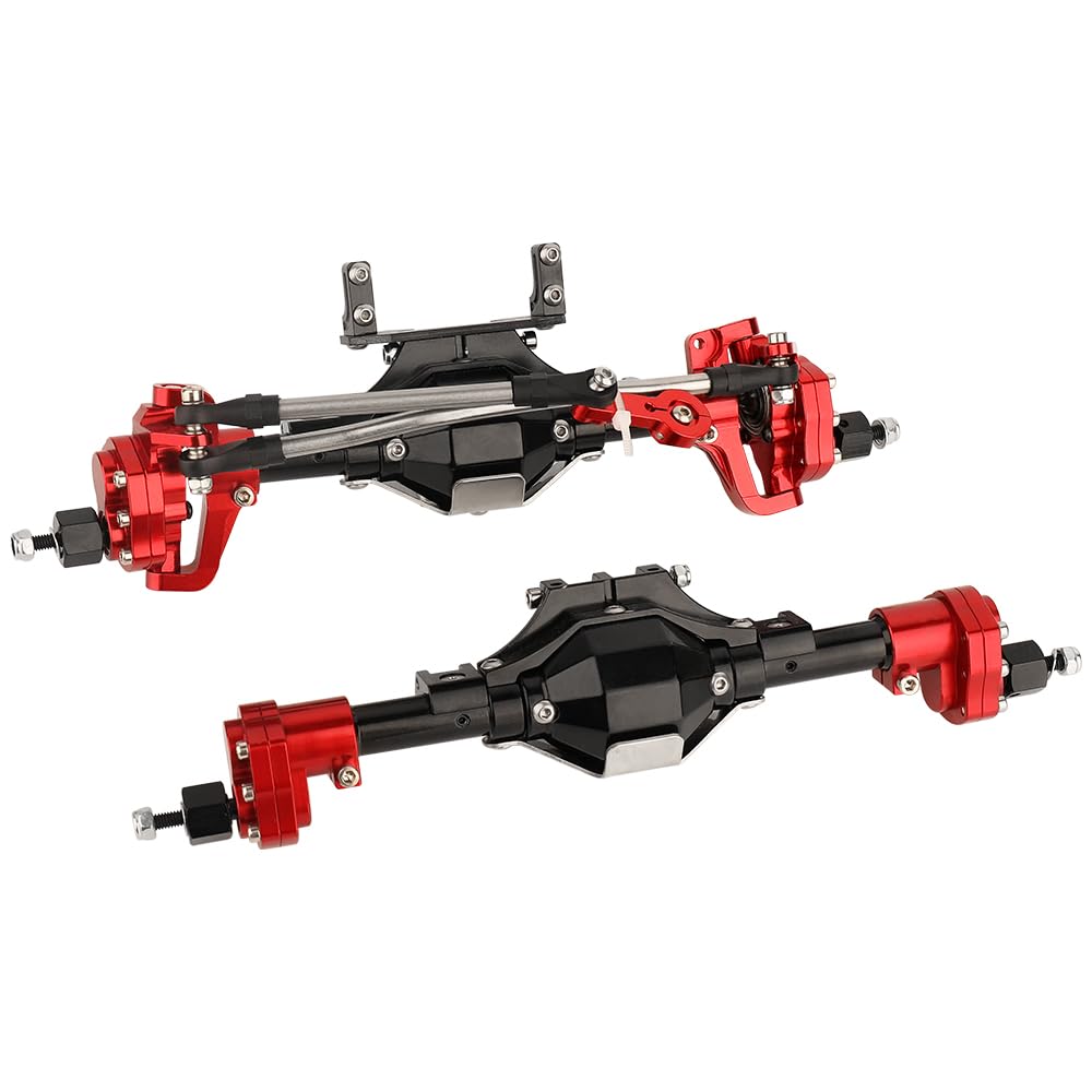 Pothyes Metal CNC Front Middle Rear Complete Portal Axle with Gear for 1/10 RC Crawler Axial SCX10 II Deadbolt 90046 90047 4x4 6x6 Upgrade Parts (red-Black Front +Rear)