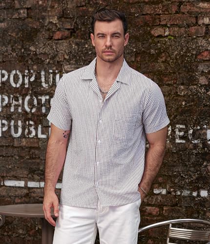 Image of VATPAVE Mens Striped Summer Shirt Casual Button Down Short Sleeve Beach Shirts Cotton Shirts for Men