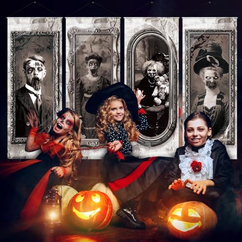 Image of Panelee 4 Pcs Halloween Gothic Banner 3D Changing Face Moving Portrait Banner Decorations Halloween Horror Scary Porch Sign Backdrop for Indoor Outdoor Haunted Wall Hanging Decor