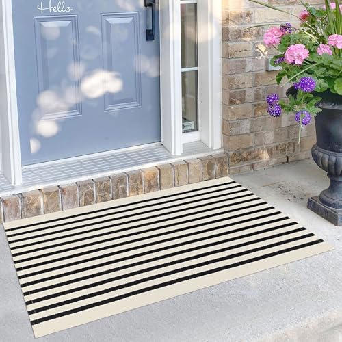 KILOCOCO Beige Striped Rug 2.3'x3.6' Indoor Outdoor Rugs Front Door Mat Hand Woven Cotton Washable...