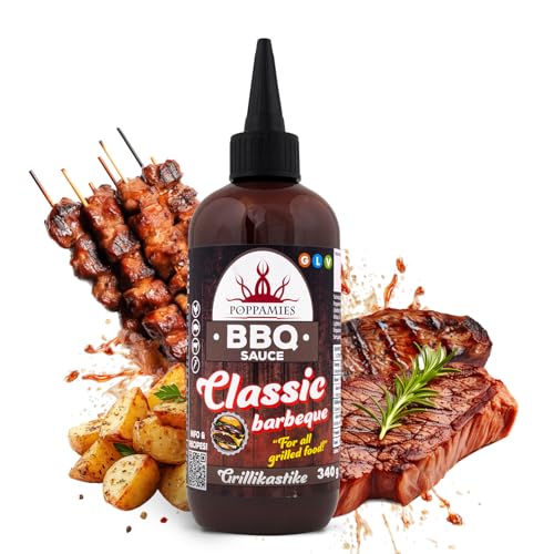 Salsa BBQ Poppamies Classic Barbeque – Sabor Tradicional y Versátil, Perfecta para Carne, Pollo y Verduras – Sin Gluten, Vegana – 340g
