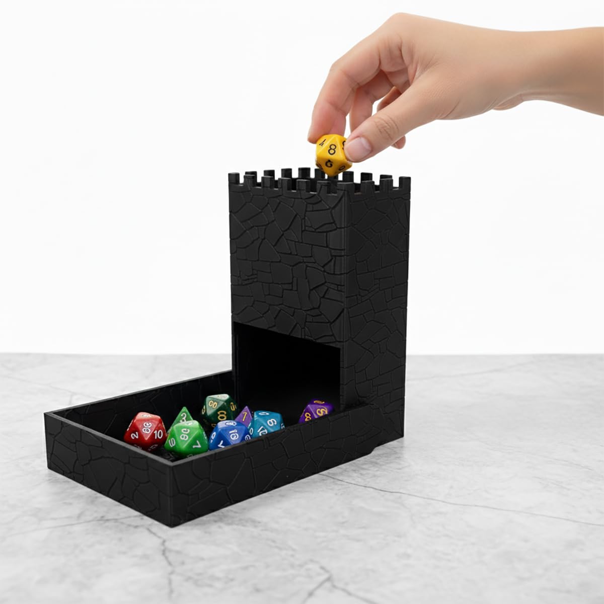 Torre di dadi pieghevole portatile, design castello nero, rullo compatto per dadi pieghevole per giochi di ruolo da tavolo e giochi da tavolo