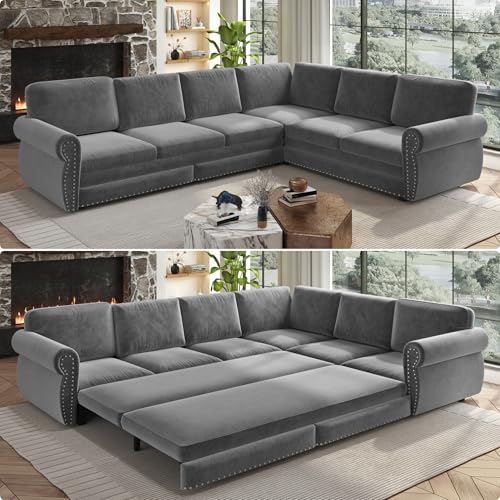 Image of KCGKCG 118 inch Sleeper Sofa Bed, Sectional Couches for Living Room /Apartment, Chenille L Shaped Couch with Pull Out Couch Bed, Convertible Sectional Sofa with Rolled Arm & Nailhead Trim, Light Grey