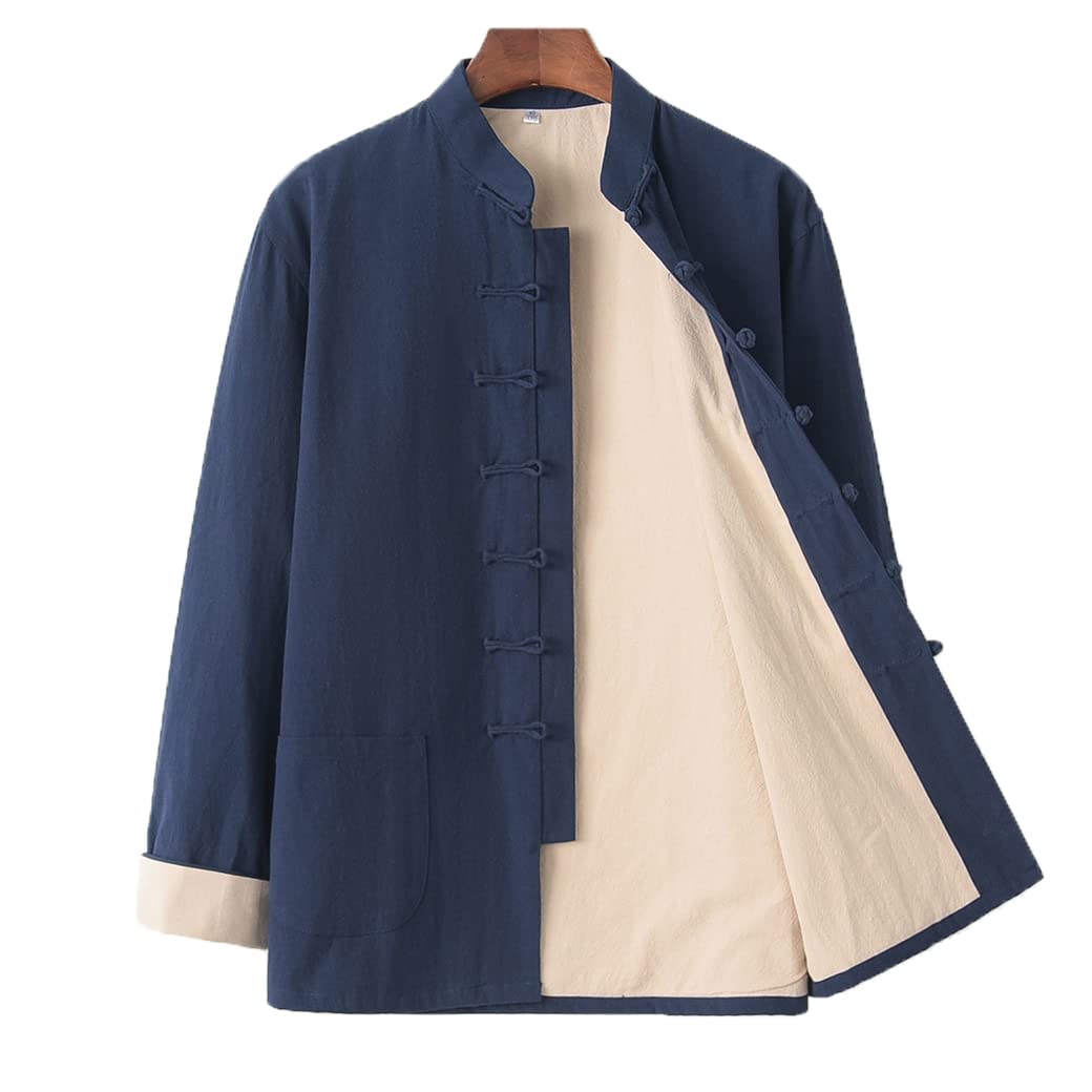 Cotone E Lino Spessa Tai Chi Uniform Abito Tange Abito Cinese Abiti Tradizionali Uomini Abiti Arte Marziale Kung Fuformi Top a Maniche Lunghe Traspirabili blue1-3XL