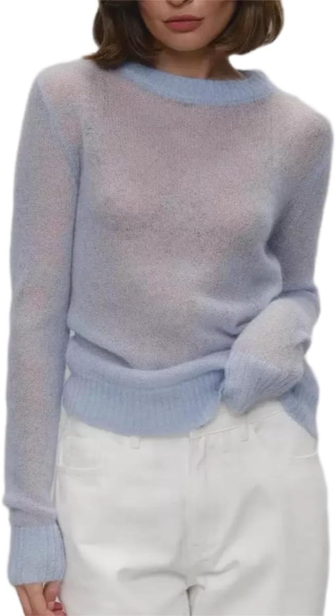 Thin Sweaters for Women Lightweight Knitted Mohair Sweater Boat Neck Long Sleeve Sheer Casual Tops Blouse