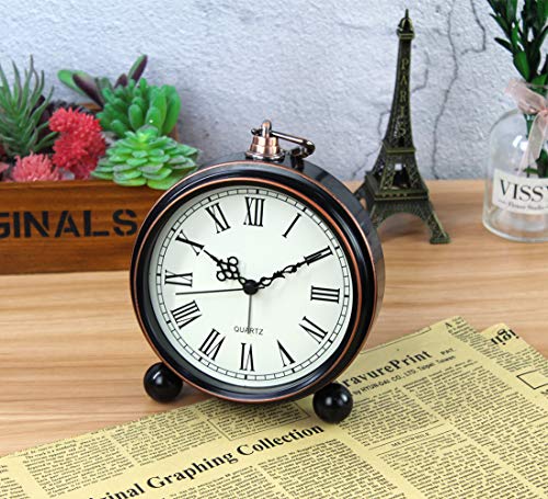 Siemoo Retro Metal Table Clock Battery Operated Non-Ticking Silent Quartz Table Desk Small Alarm Clock Vintage European Desk Shelf Hd Glass Desk Clock For Kids Bedroom Living Room Decoration (Roman) #TOP1