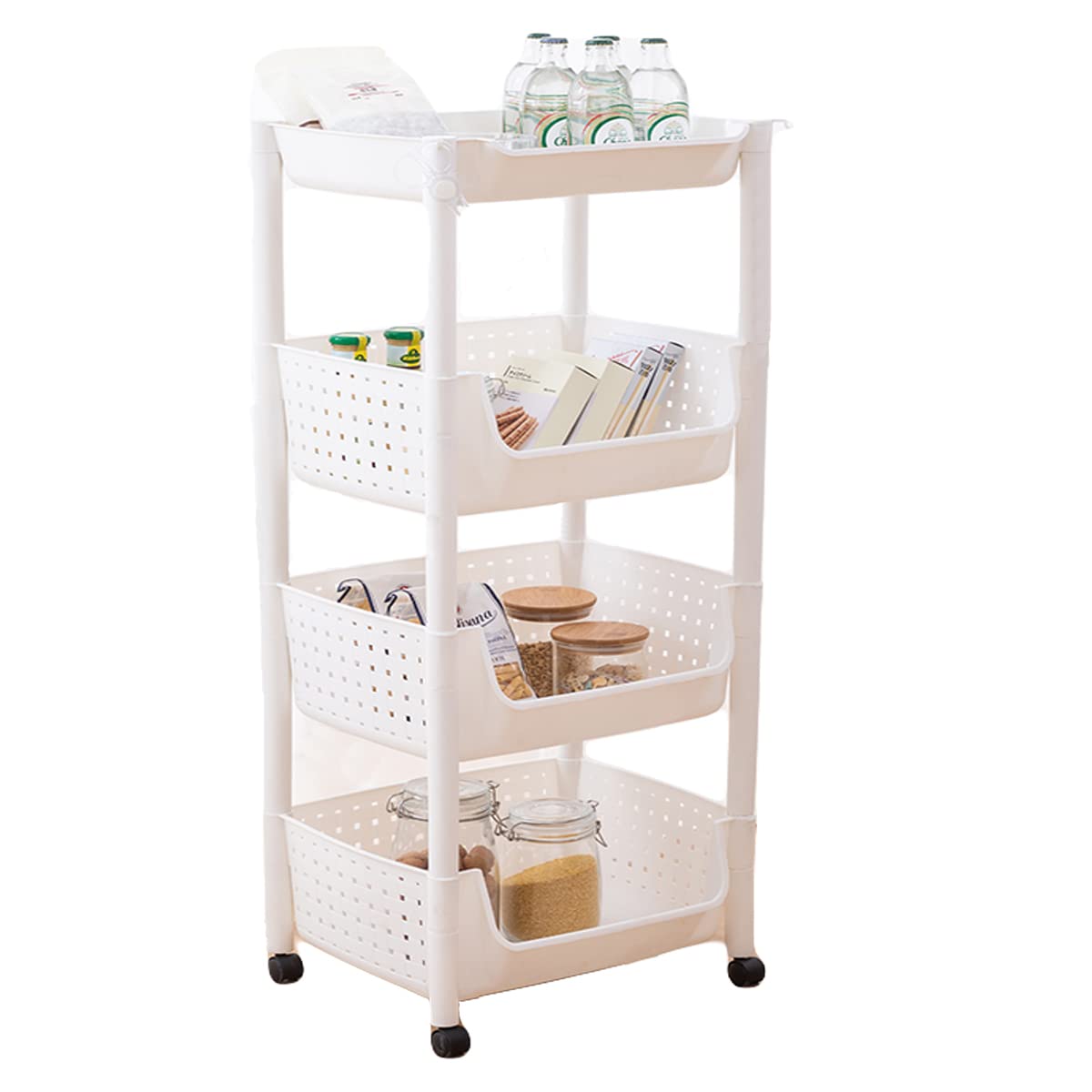 4 Tier Plastic Storage Rolling Cart Organizer Mobile Utility Cart Kitchen Storage Cart Trolley with Wheels Storage Basket Organizer Shelves Easy Assemble for Office Bathroom Kitchen