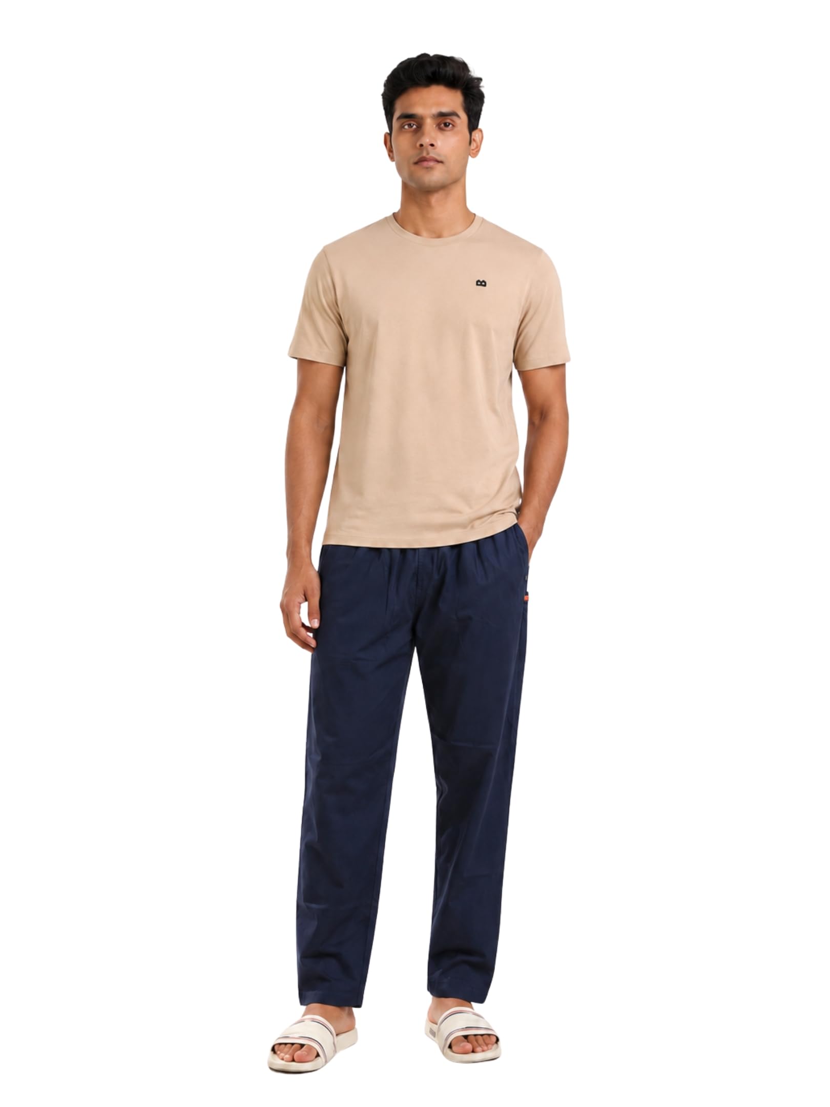 boxy crew Men's Night Suit Set - Beige T-Shirt & Navy Blue Solid Lounge Pyjama, 100% Cotton Sleepwear, No-Mark Elastic, Invisible Zip Pocket, Drawcord, Dual Pockets,-picture-35