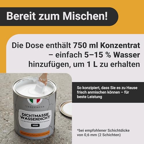 PROXINOVA Flüssigkunststoff-Abdichtung Weiß 75 cl für Dächer, Fenster und Wände, Dichtmasse Wasserdicht, langlebig und einfach aufzutragen, ideal zur Reparatur von undichten Dächern, Schornsteinen