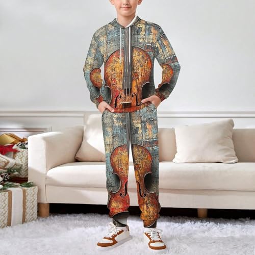 Boy's Girl's 2 Piece Outfits Graphic Sweatshirt Kid Long Sleeve Hoodie Set, Musical Violin3