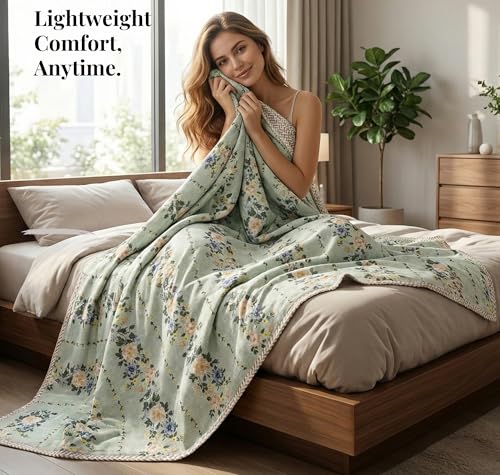 Image of VAS COLLECTIONS Cotton AC Blanket for Single Bed (152 x 225 cm) | Reversible Soft Lightweight All-Season Blanket | Skin-Friendly & Breathable Comforter (Mint Blossom Garden)