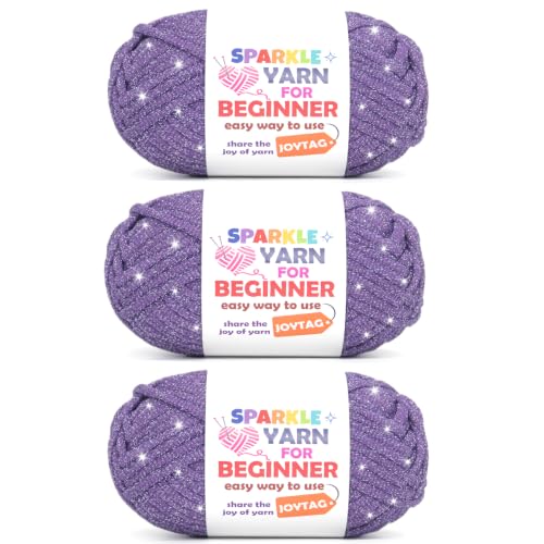 Image of 3 Pack Dark Purple Sparkle Yarn for Crocheting and Knitting,Dark Purple Metallic Glitter Crochet Knitting Yarn for Beginners with Easy-to-See Stitches Easy Yarn for Beginners Crochet Kit(3x50g)