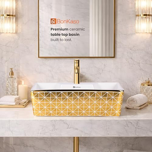Image of Bonkaso ALTO 1005 Designer Ceramic Table Top Wash Basin | White & Gold Checked Rectangular Countertop Vanity Sink | 41 x 30 x 13 cm | Premium Glossy Finish Bathroom Basin