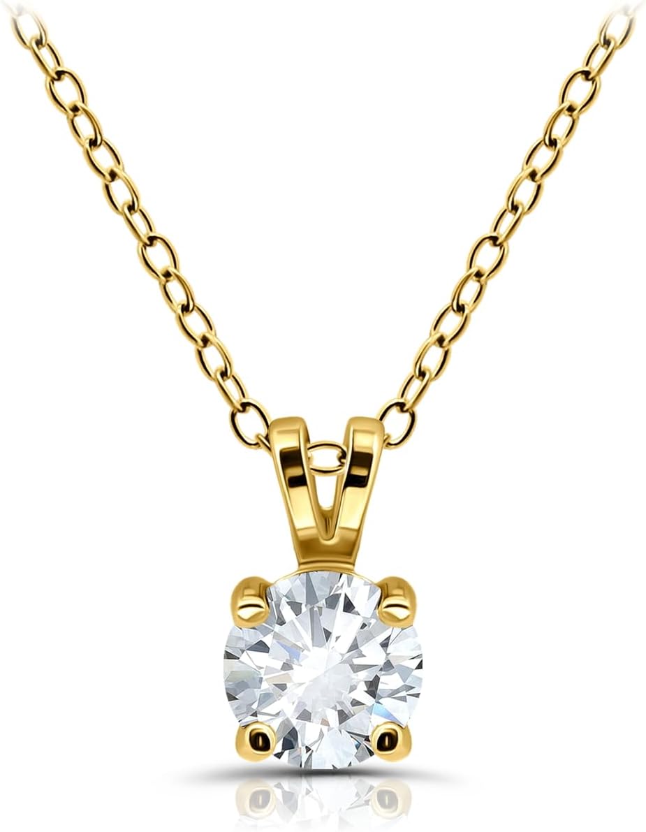 Hoops & Loops 925 Sterling Silver Cubic Zirconia Round Solitaire Necklace for Women, Silver, Yellow Gold, Rose Gold