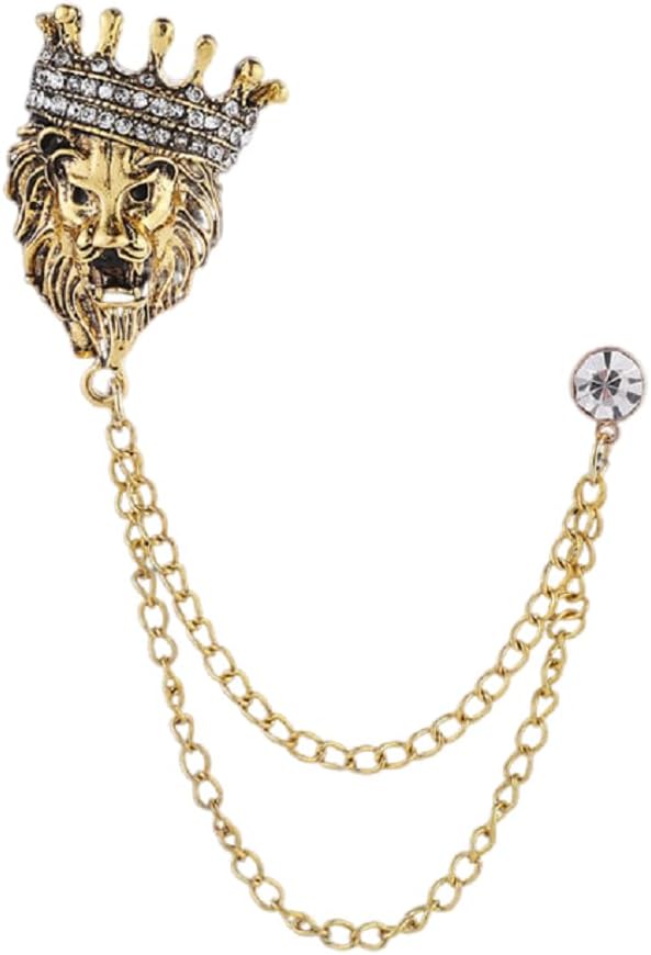 Vintage Animal Tassel Chain Pin Brooch for Men Women Punk Buck Suit Tie Lapel Pin Crown Lion Rhinestone Collar Chain Pin for Boyfriend Gifts