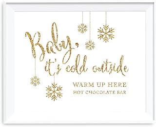 Andaz Press Wedding Party Signs, Gold Glitter Print, 8.5x11-inch, Baby It's Cold Outside, Warm Up Here, Hot Chocolate Bar Dessert Tale Sign, 1-Pack, Not Real Glitter