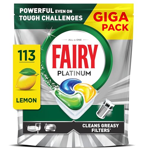 Fairy Platinum Dishwasher Tablets, Lemon, 113 Capsules, Powerful Even on Tough Cleaning Challenges, Clean Dishes, Shiny Machine, Cleans Greasy Filter