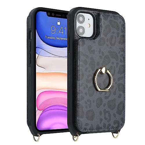 Image of for iPhone 11 Phone Case with Card Holder and Strap for Women,Crossbody Lanyard,RFID Blocking,Kickstand Ring Stand,Snap Clasp,Cute Phone Wallet Cases 6.1 inch(Black Leopard)
