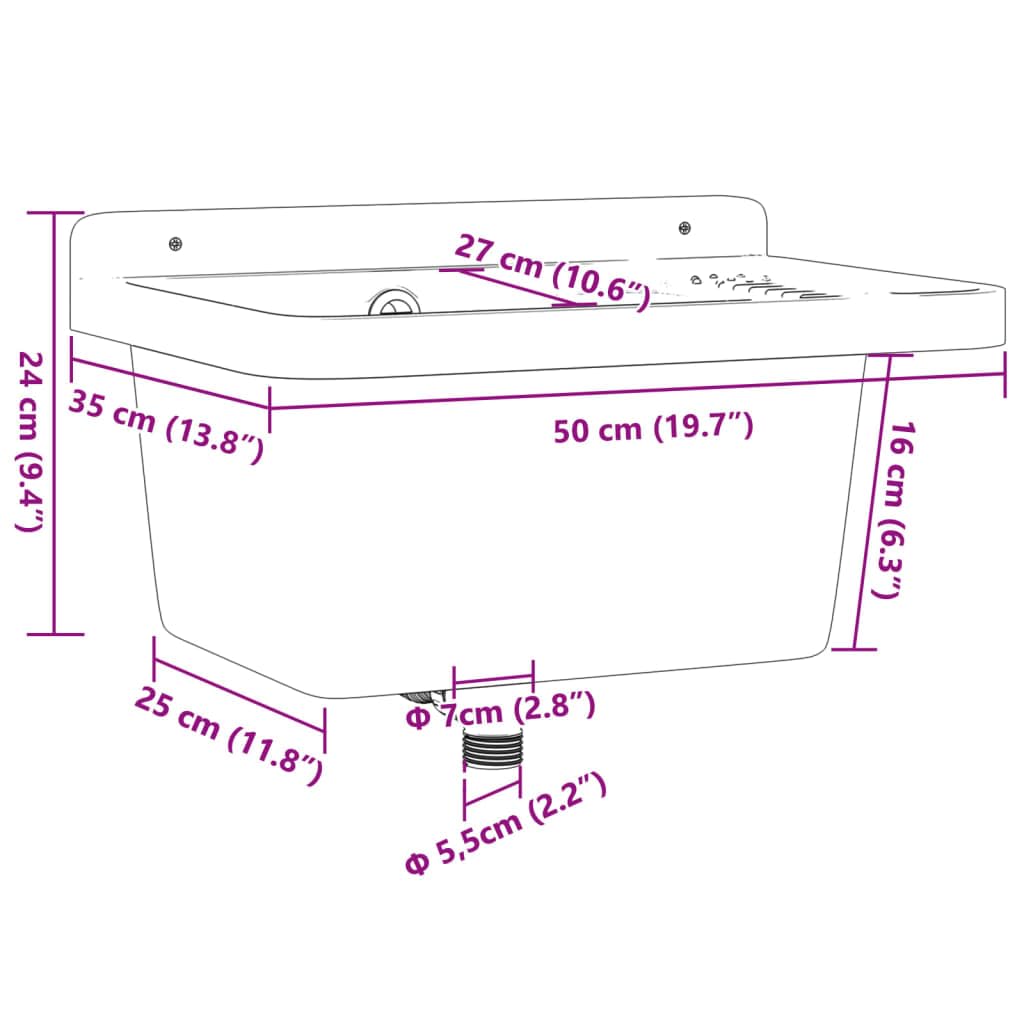 Fregadero de pared gris 50 x 35 x 24 cm resina 11 L de volumen con rebosadero, fregadero para cocina y jardín, empotrable con escurridor para interior y exterior