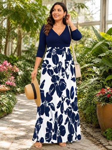 Image of Plus Size Maxi Dress for Women V Neck Flowy Dresses with Pockets for Wedding Guest Church