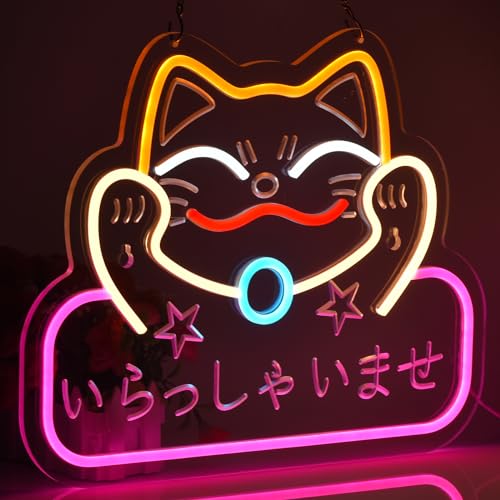 Image of Japanese Welcome Neon Sign Fortune Cat Wall Decor Dimmable Led Neon Lights Japanese Style いらっしゃいませ Neon Billboard for Restaurant Shop Store Window USB Powered 16.1 inch x 12.6 inch