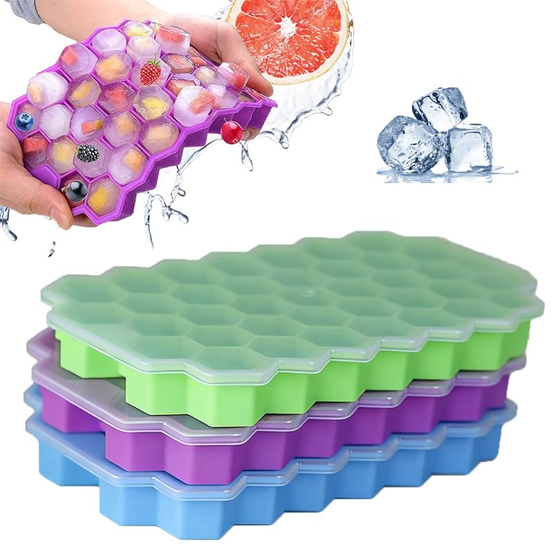 Ice Cube Trays with Lids,3 Pack Silicone Ice Cube Maker,37 Grid Ice Moulds,Food Grade BPA Free Flexible No-Spill Reusable,Easy Release Ice Cube Tray for Whiskey,Cocktails,Frozen Drinks,Party&Home Bar