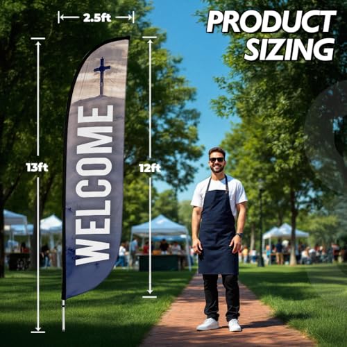 Image of LookOurWay Feather Flag Set, 12 ft Advertising Flag with Fiberglass Poles and Ground Spike for Business Promotion, Church Theme (Welcome)