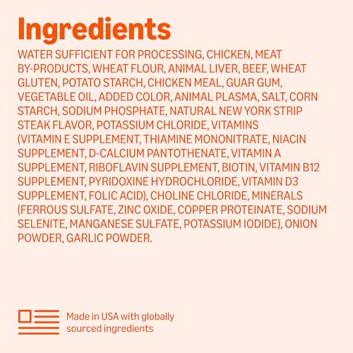 Image of Amazon Basics Wet Dog Food, Cuts in Gravy, New York Strip Flavor, Made with Real Chicken & Beef, 13.2 oz can (Pack of 12)