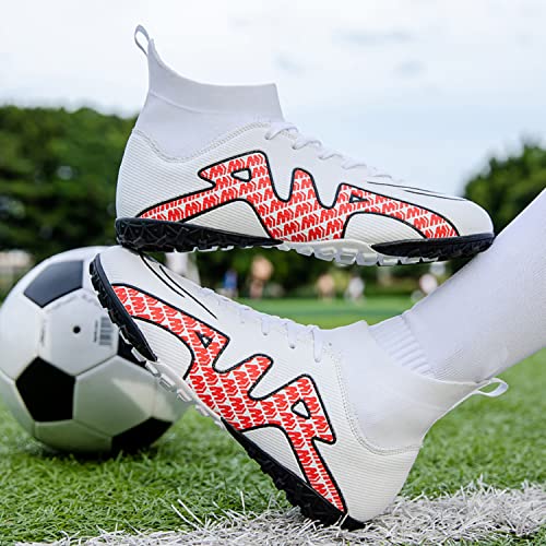 Oaouia Men's Soccer Cleats Training Soccer Shoes Youth High-Top Spikes Football Cleats Shoes Fg/Ag Professional Turf Indoor Outdoor Competition Athletic Sneakers White 10 #TOP2