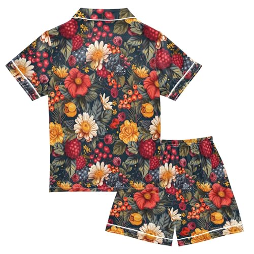 ALAZA Berry Fruit Leaf Blossom Satin Pajamas Set Short Sleeve Button Down Sleepwear Summer Pjs 2 Piece2