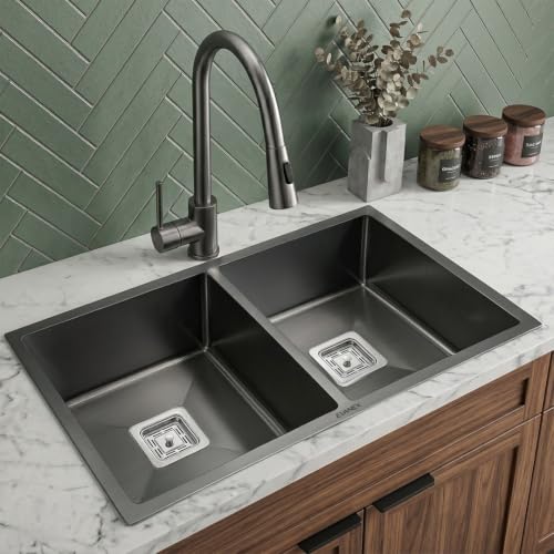 Image of EVANEX Double Bowl Kitchen Sink 37x18x10 inch Double Sink for Kitchen 304 Stainless Steel Black Kitchen Sink Including Couplings, Waste Pipe, Connector and Drain Basket