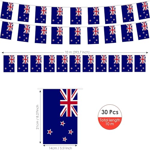 Image of AhfuLife 33 Ft New Zealand String Flags Banner for World Cup Decorations 2026, 30 Pcs Small New Zealand Bunting String Flags, Double Sided for National Day Garden Sports Party Decor (5.5x8.3 Inch)